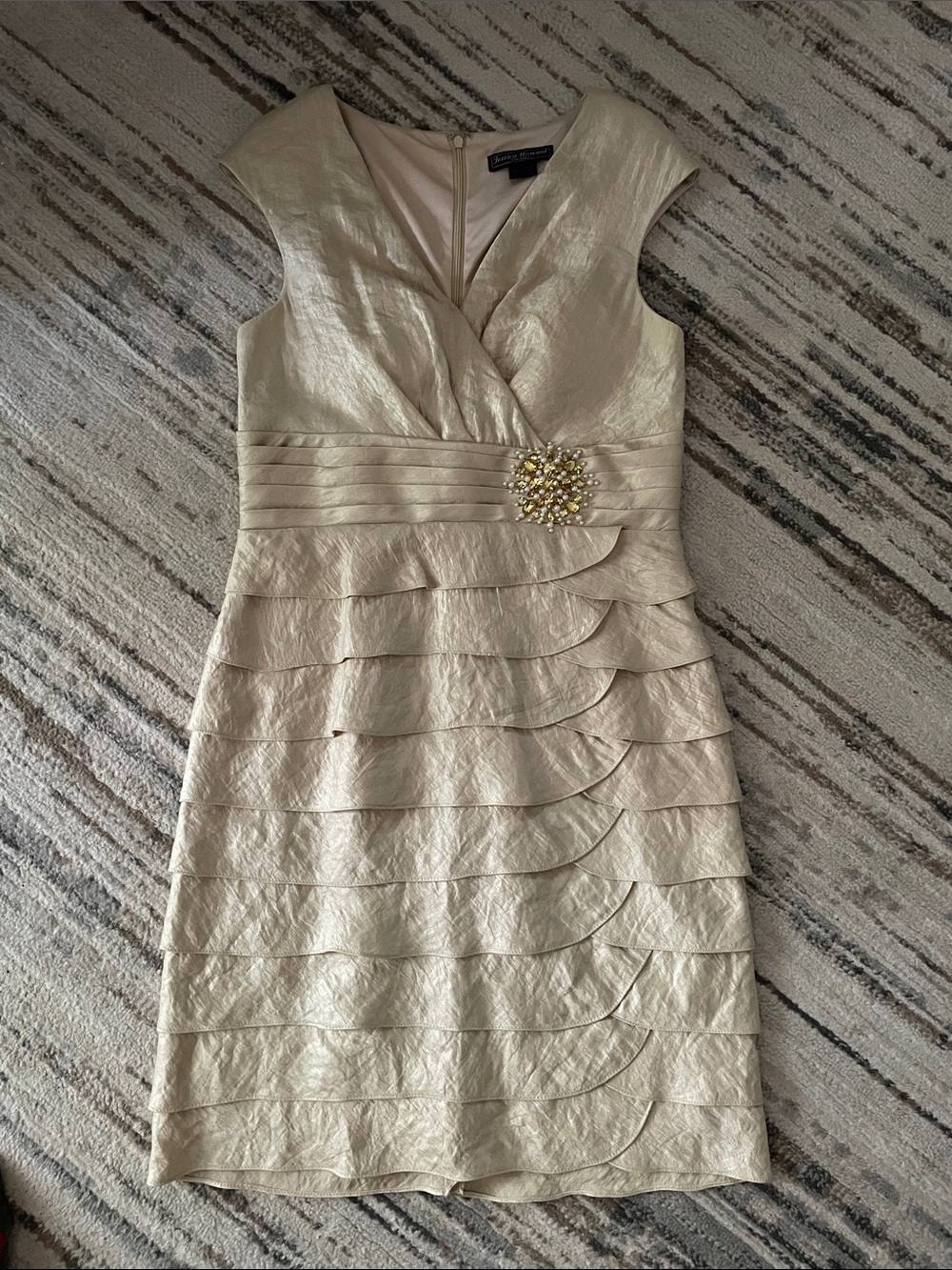 Jessica Howard Champagne Layered Sheath Dress with Embellished Waist